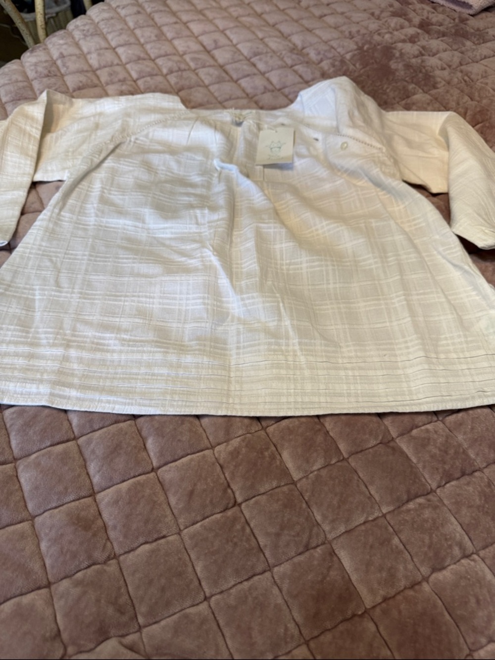 Marie Chantal Cream Textured Long Sleeve Top button closure on left side of neck